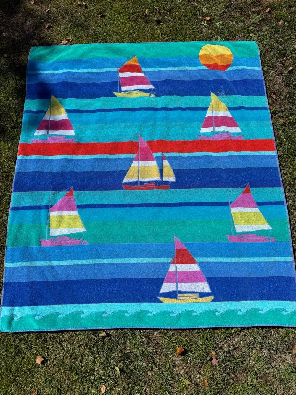 VTG TerriSol Retro Sailboat Oversized Beach Towel Blanket 100% Cotton 54” x 61”